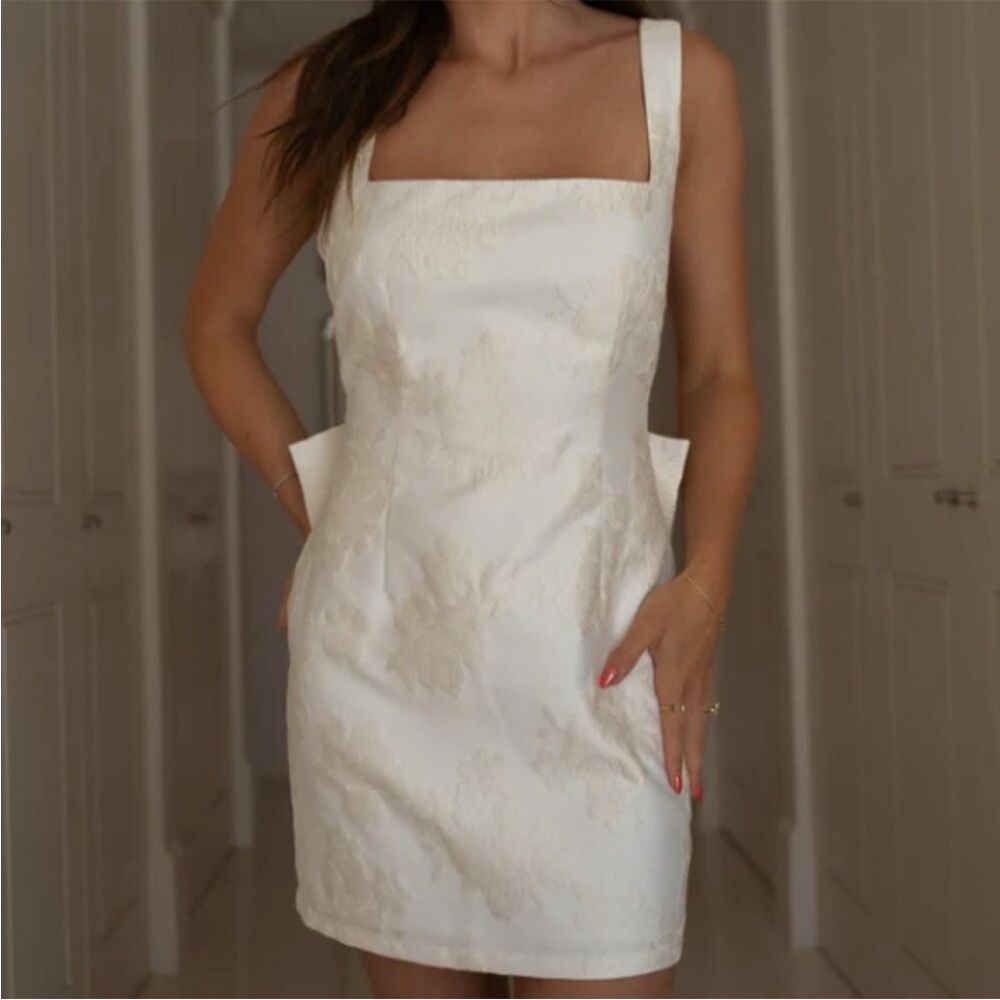 White Square-Neck Mini Dress with Subtle Jacquard - Women